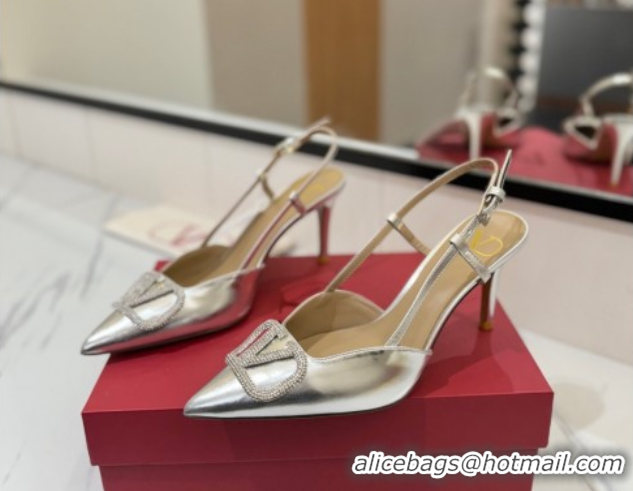Shop Duplicate Valentino VLogo Signature Slingback Pumps 8cm in Calfskin with Strass Silver-Tone VA082109