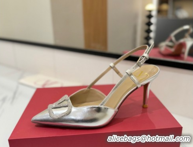 Shop Duplicate Valentino VLogo Signature Slingback Pumps 8cm in Calfskin with Strass Silver-Tone VA082109