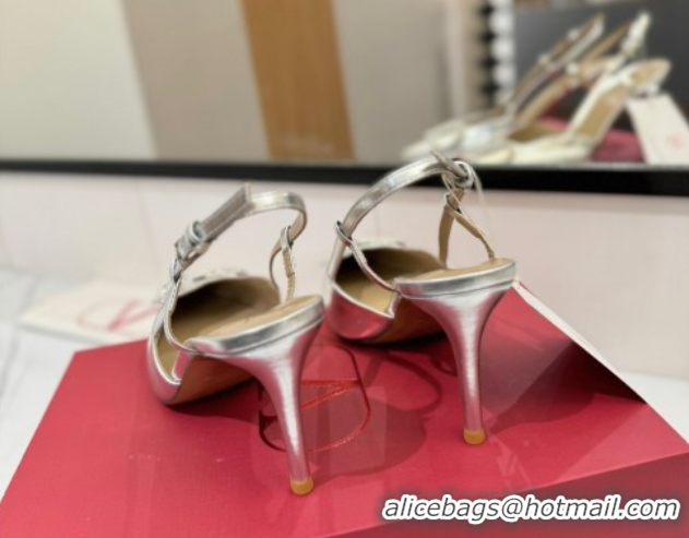 Shop Duplicate Valentino VLogo Signature Slingback Pumps 8cm in Calfskin with Strass Silver-Tone VA082109