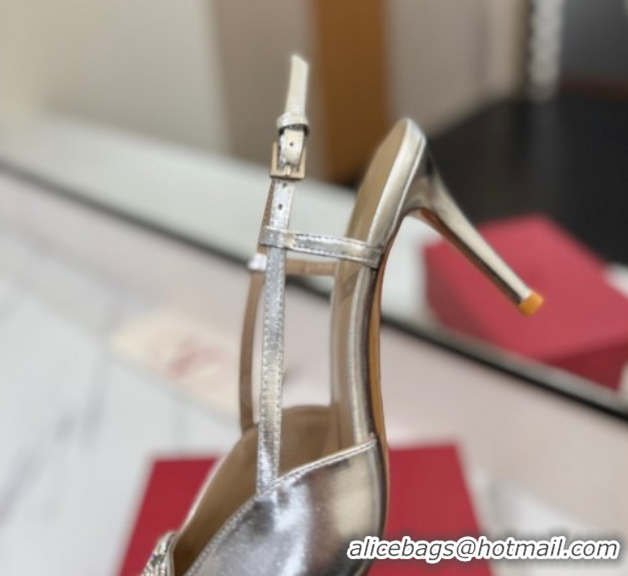 Shop Duplicate Valentino VLogo Signature Slingback Pumps 8cm in Calfskin with Strass Silver-Tone VA082109