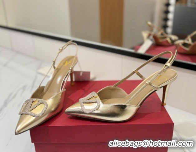 Good Looking Valentino VLogo Signature Slingback Pumps 8cm in Calfskin with Strass Gold-Tone 2025 VA082109