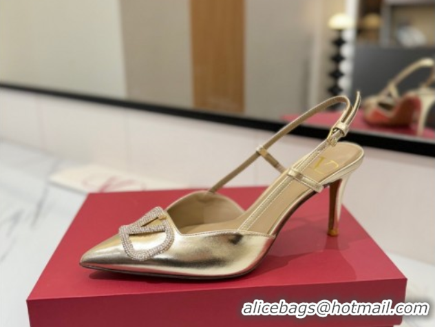 Good Looking Valentino VLogo Signature Slingback Pumps 8cm in Calfskin with Strass Gold-Tone 2025 VA082109