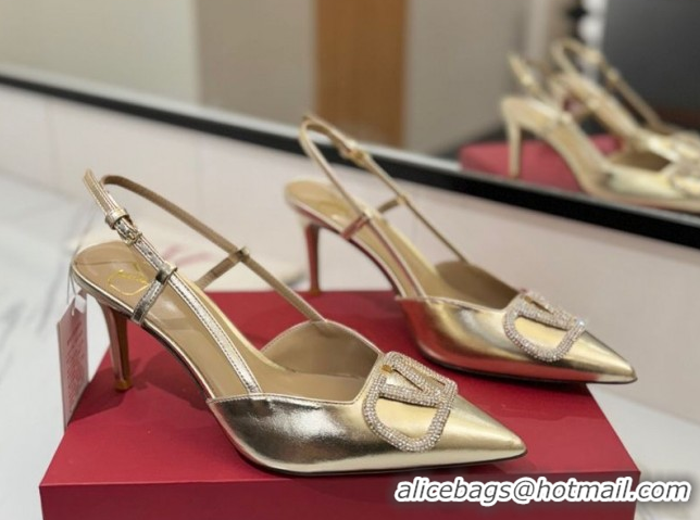 Good Looking Valentino VLogo Signature Slingback Pumps 8cm in Calfskin with Strass Gold-Tone 2025 VA082109