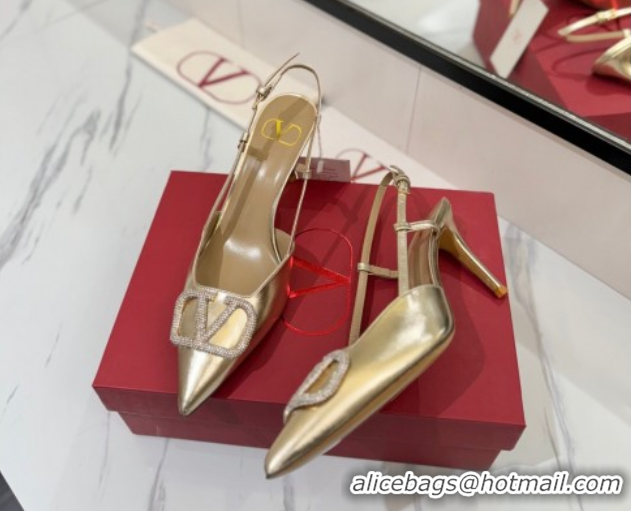 Good Looking Valentino VLogo Signature Slingback Pumps 8cm in Calfskin with Strass Gold-Tone 2025 VA082109