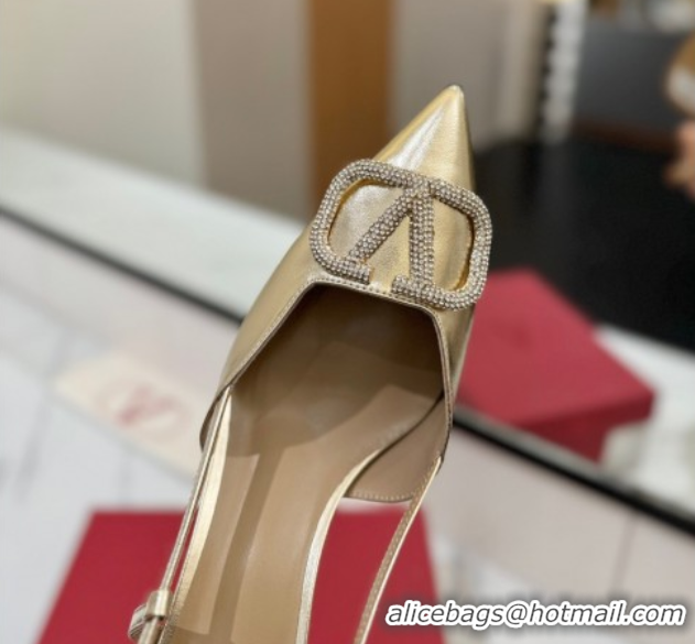 Good Looking Valentino VLogo Signature Slingback Pumps 8cm in Calfskin with Strass Gold-Tone 2025 VA082109