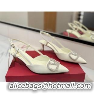 Popular Style Valentino VLogo Signature Slingback Pumps 4.5cm in Calfskin with Strass White/Silver 2025 VA082109