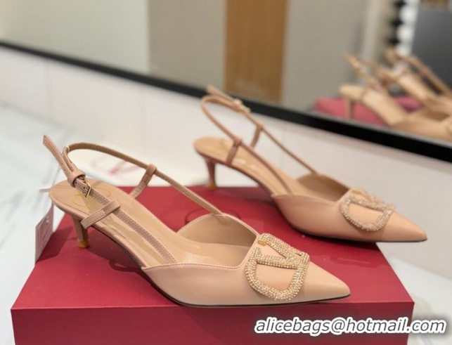 Top Design Valentino VLogo Signature Slingback Pumps 4.5cm in Calfskin with Strass Pale Pink VA082109