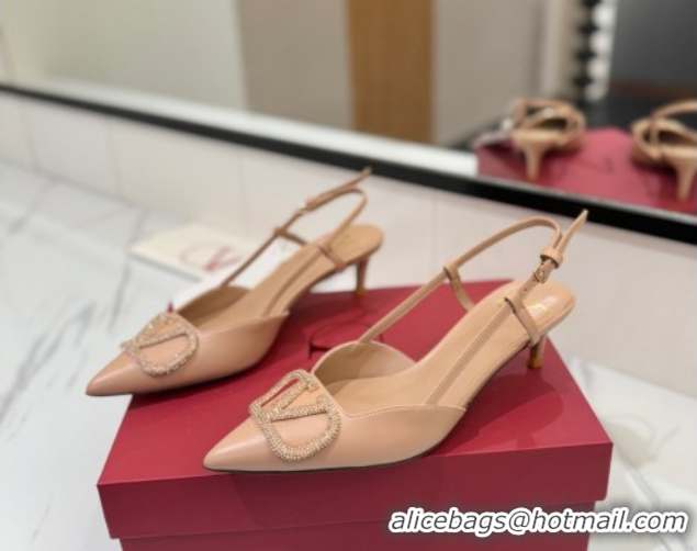 Top Design Valentino VLogo Signature Slingback Pumps 4.5cm in Calfskin with Strass Pale Pink VA082109