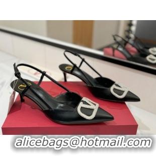 Luxury Cheap Valentino VLogo Signature Slingback Pumps 4.5cm in Calfskin with Strass Black/Silver VA082109