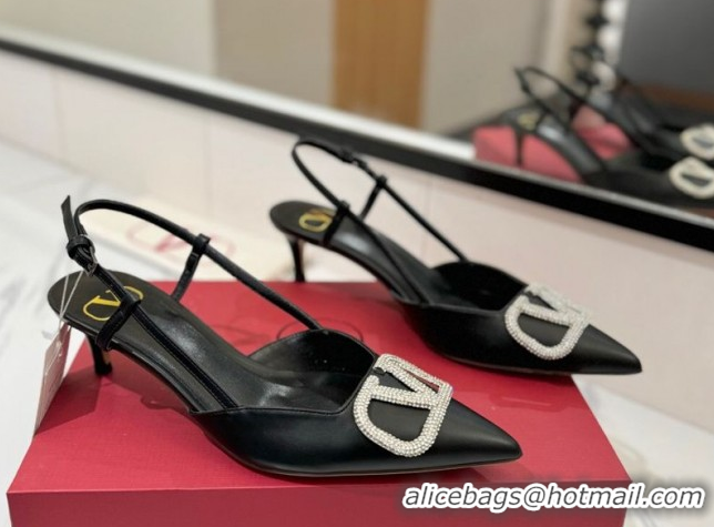 Luxury Cheap Valentino VLogo Signature Slingback Pumps 4.5cm in Calfskin with Strass Black/Silver VA082109