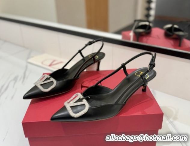 Luxury Cheap Valentino VLogo Signature Slingback Pumps 4.5cm in Calfskin with Strass Black/Silver VA082109