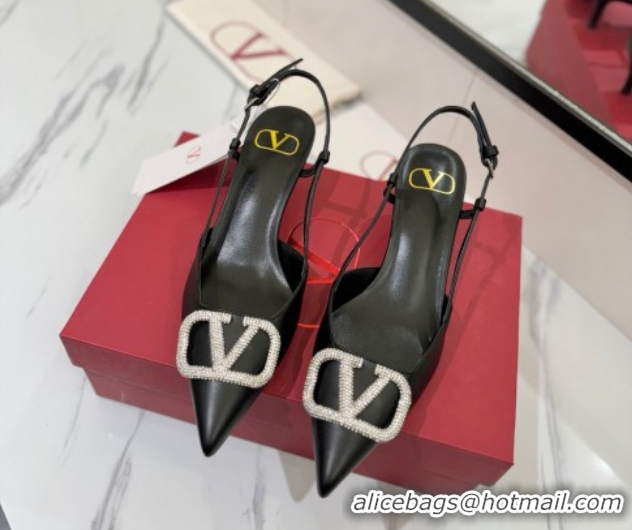 Luxury Cheap Valentino VLogo Signature Slingback Pumps 4.5cm in Calfskin with Strass Black/Silver VA082109