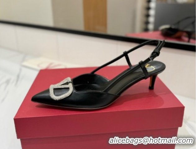 Luxury Cheap Valentino VLogo Signature Slingback Pumps 4.5cm in Calfskin with Strass Black/Silver VA082109