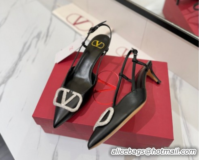 Luxury Cheap Valentino VLogo Signature Slingback Pumps 4.5cm in Calfskin with Strass Black/Silver VA082109