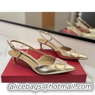Shop Duplicate Valentino VLogo Signature Slingback Pumps 4.5cm in Calfskin with Strass Gold-Tone 2025 VA082109