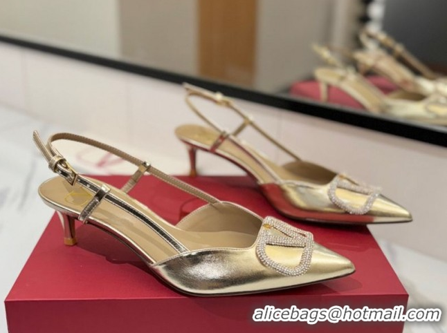 Shop Duplicate Valentino VLogo Signature Slingback Pumps 4.5cm in Calfskin with Strass Gold-Tone 2025 VA082109