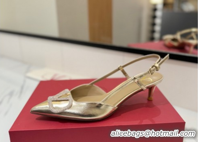 Shop Duplicate Valentino VLogo Signature Slingback Pumps 4.5cm in Calfskin with Strass Gold-Tone 2025 VA082109