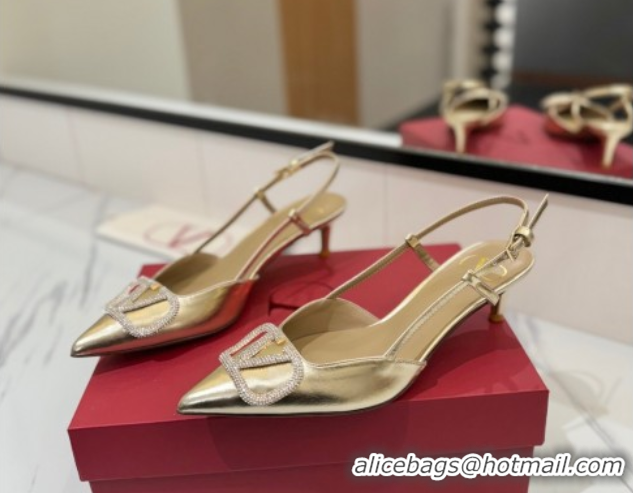 Shop Duplicate Valentino VLogo Signature Slingback Pumps 4.5cm in Calfskin with Strass Gold-Tone 2025 VA082109