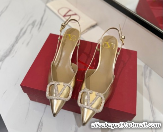 Shop Duplicate Valentino VLogo Signature Slingback Pumps 4.5cm in Calfskin with Strass Gold-Tone 2025 VA082109