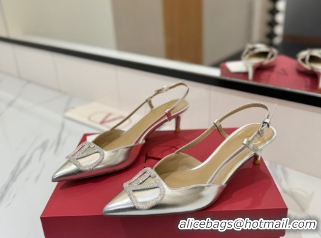 Popular Style Valentino VLogo Signature Slingback Pumps 4.5cm in Calfskin with Strass Silver-Tone 2025 VA082109