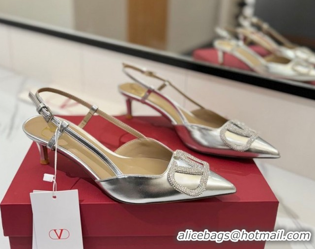 Popular Style Valentino VLogo Signature Slingback Pumps 4.5cm in Calfskin with Strass Silver-Tone 2025 VA082109