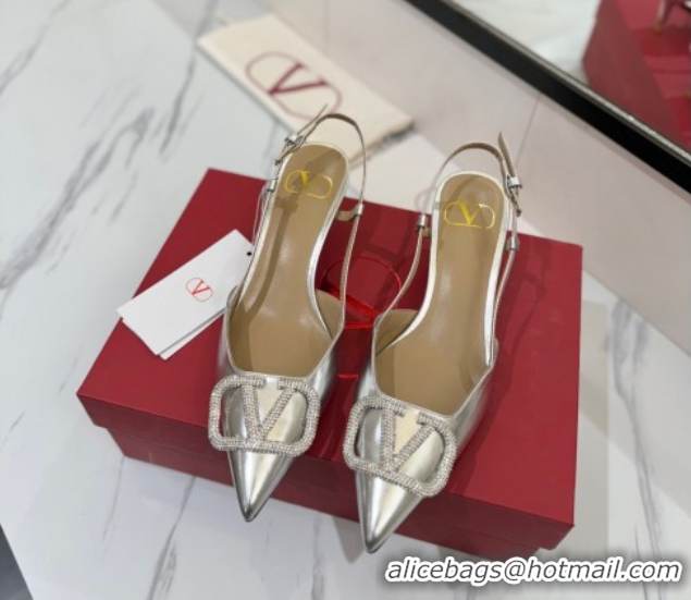 Popular Style Valentino VLogo Signature Slingback Pumps 4.5cm in Calfskin with Strass Silver-Tone 2025 VA082109