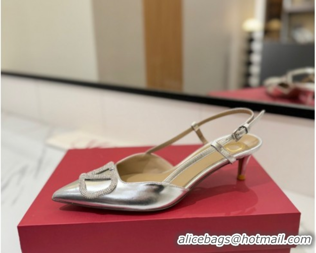 Popular Style Valentino VLogo Signature Slingback Pumps 4.5cm in Calfskin with Strass Silver-Tone 2025 VA082109
