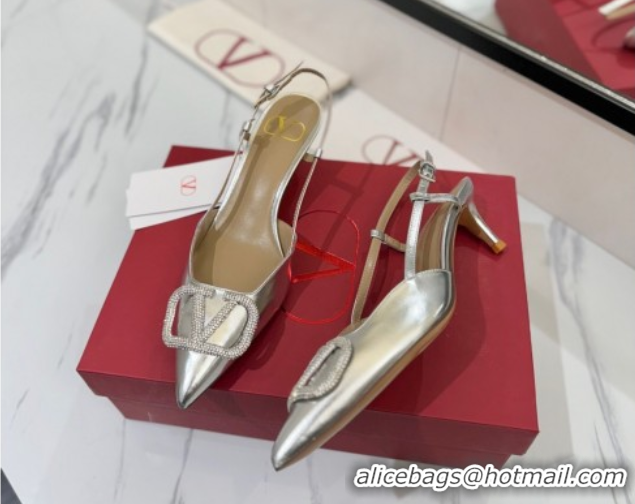 Popular Style Valentino VLogo Signature Slingback Pumps 4.5cm in Calfskin with Strass Silver-Tone 2025 VA082109