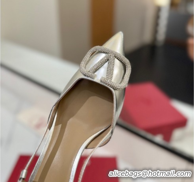 Popular Style Valentino VLogo Signature Slingback Pumps 4.5cm in Calfskin with Strass Silver-Tone 2025 VA082109