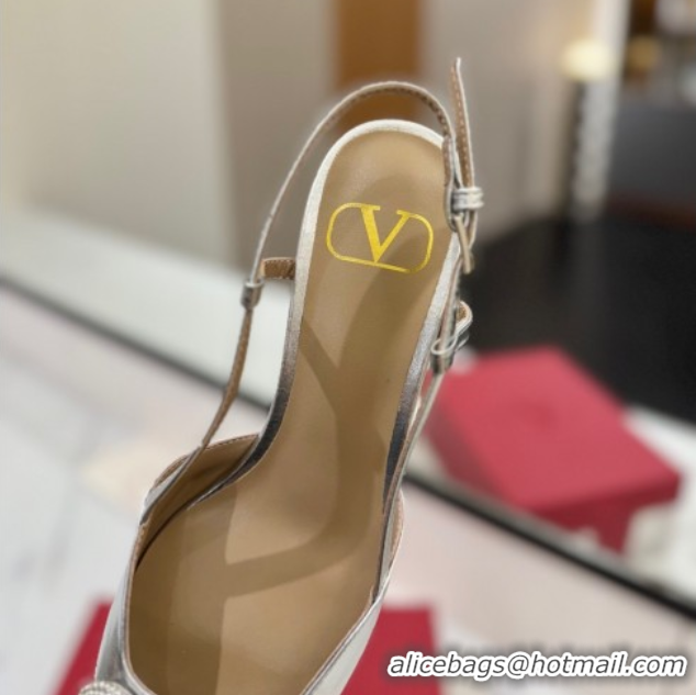 Popular Style Valentino VLogo Signature Slingback Pumps 4.5cm in Calfskin with Strass Silver-Tone 2025 VA082109
