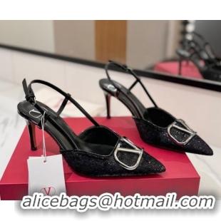 Cheap Price Valentino VLogo Signature Slingback Pumps 8cm in Velvet Black 2025 VA082109