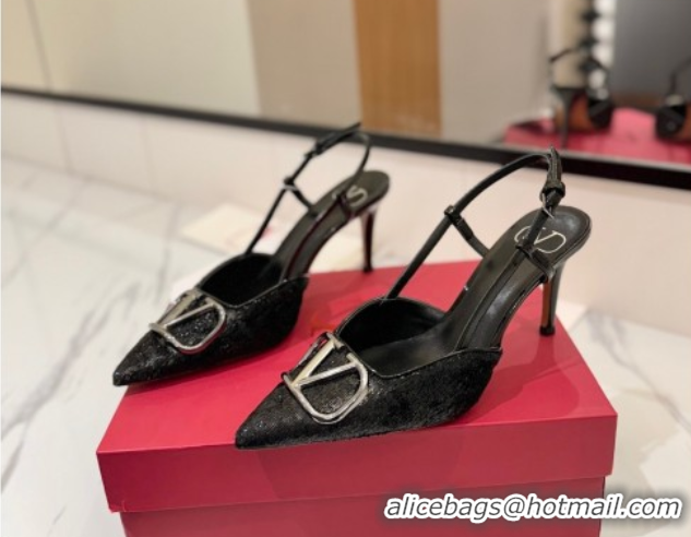 Cheap Price Valentino VLogo Signature Slingback Pumps 8cm in Velvet Black 2025 VA082109