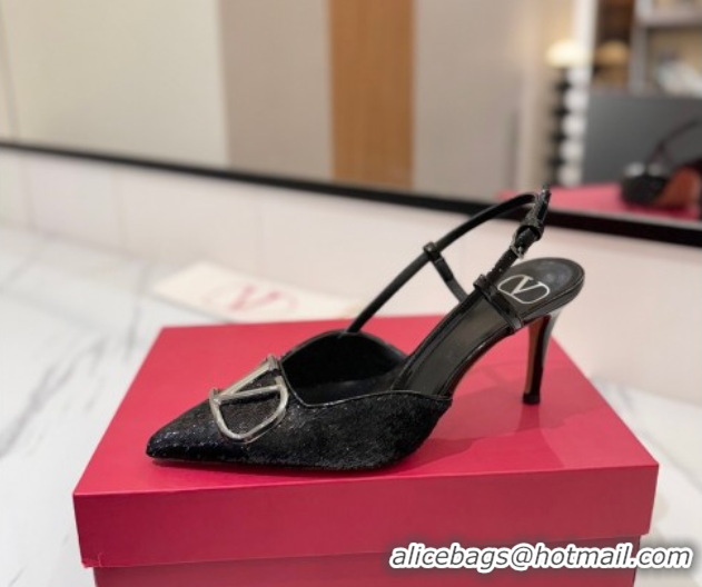 Cheap Price Valentino VLogo Signature Slingback Pumps 8cm in Velvet Black 2025 VA082109