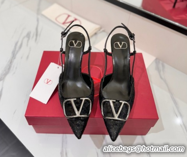 Cheap Price Valentino VLogo Signature Slingback Pumps 8cm in Velvet Black 2025 VA082109