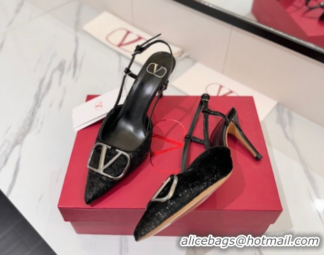 Cheap Price Valentino VLogo Signature Slingback Pumps 8cm in Velvet Black 2025 VA082109