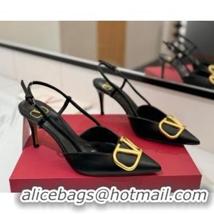 Top Grade Valentino VLogo Signature Slingback Pumps 8cm in Matte Calfskin Black/Gold 2025 VA082110