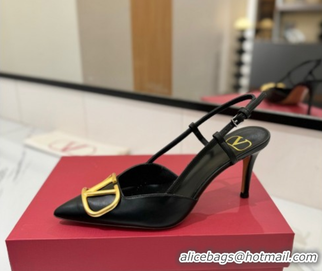 Top Grade Valentino VLogo Signature Slingback Pumps 8cm in Matte Calfskin Black/Gold 2025 VA082110