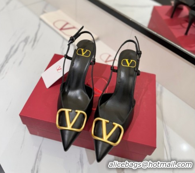 Top Grade Valentino VLogo Signature Slingback Pumps 8cm in Matte Calfskin Black/Gold 2025 VA082110