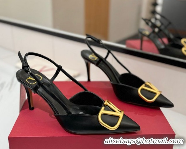 Top Grade Valentino VLogo Signature Slingback Pumps 8cm in Matte Calfskin Black/Gold 2025 VA082110