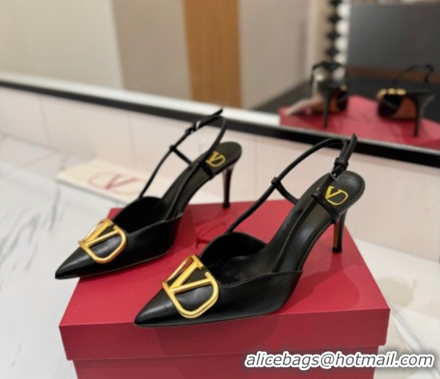 Top Grade Valentino VLogo Signature Slingback Pumps 8cm in Matte Calfskin Black/Gold 2025 VA082110