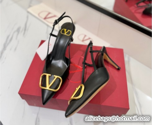 Top Grade Valentino VLogo Signature Slingback Pumps 8cm in Matte Calfskin Black/Gold 2025 VA082110