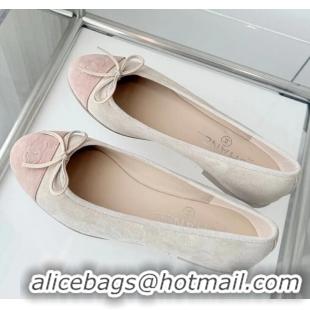 ​Promotional Chanel CC Ballet Flats with Bow Pastel Suede CH1023 Beige Gray/Mix Pink