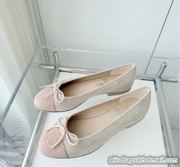 ​Promotional Chanel CC Ballet Flats with Bow Pastel Suede CH1023 Beige Gray/Mix Pink