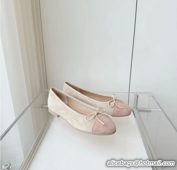 ​Promotional Chanel CC Ballet Flats with Bow Pastel Suede CH1023 Beige Gray/Mix Pink