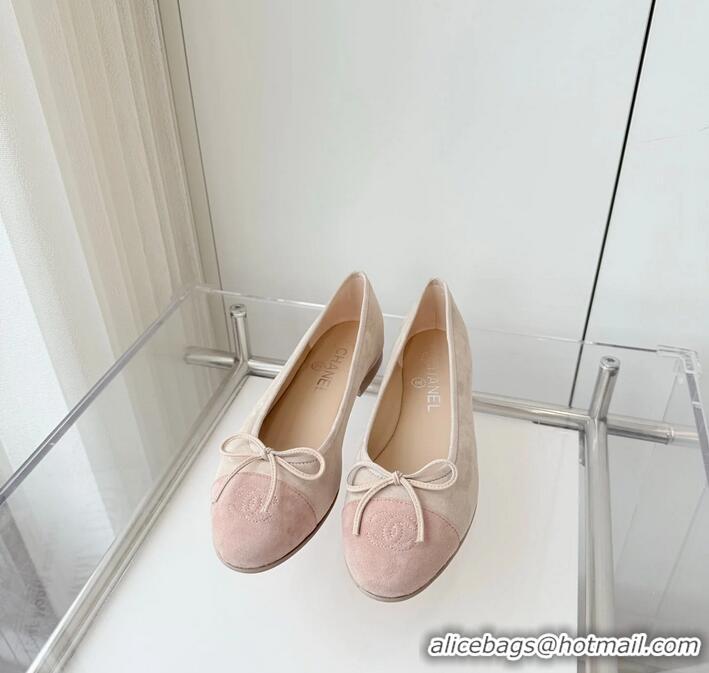 ​Promotional Chanel CC Ballet Flats with Bow Pastel Suede CH1023 Beige Gray/Mix Pink