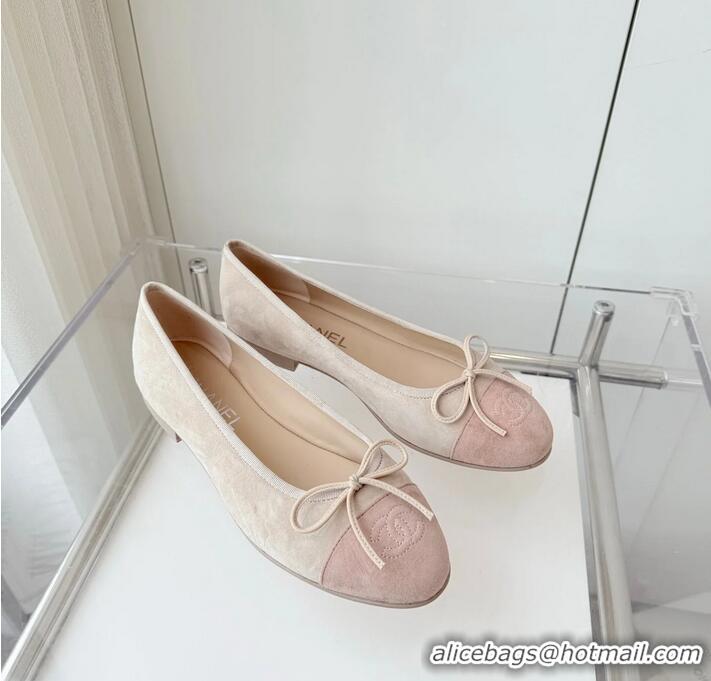 ​Promotional Chanel CC Ballet Flats with Bow Pastel Suede CH1023 Beige Gray/Mix Pink