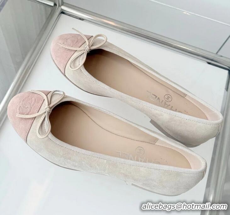 ​Promotional Chanel CC Ballet Flats with Bow Pastel Suede CH1023 Beige Gray/Mix Pink