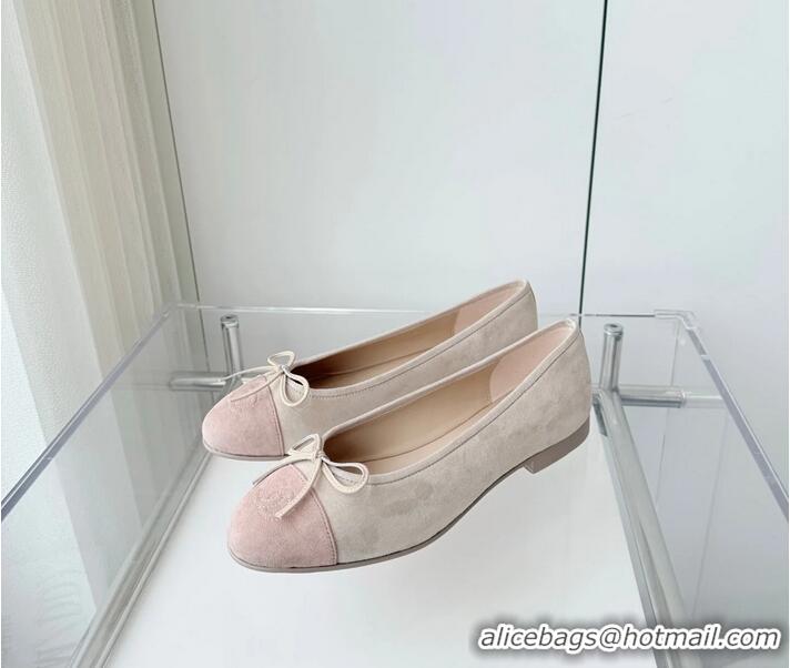 ​Promotional Chanel CC Ballet Flats with Bow Pastel Suede CH1023 Beige Gray/Mix Pink