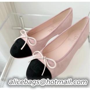 Inexpensive Chanel CC Ballet Flats with Bow Pastel Suede CH1023 Pink/Black
