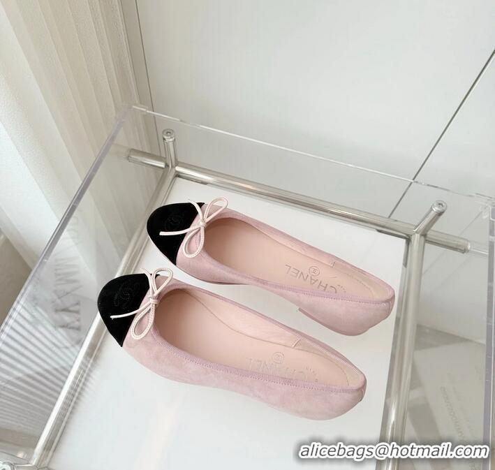 Inexpensive Chanel CC Ballet Flats with Bow Pastel Suede CH1023 Pink/Black